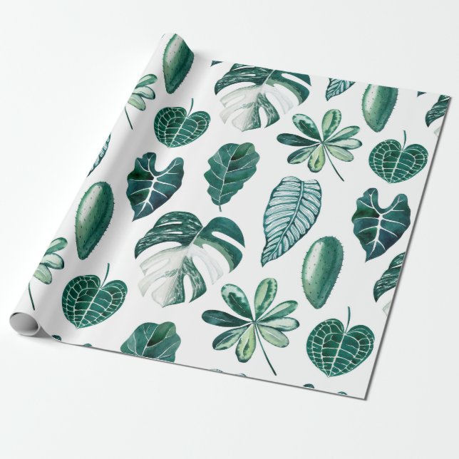 Papel De Presente Folhas tropicais padrão uniforme de aquarela com m (Desenrolado)