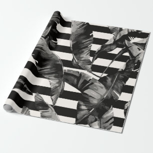 Papel De Presente Folhas Tropicais Pretas e Brancas