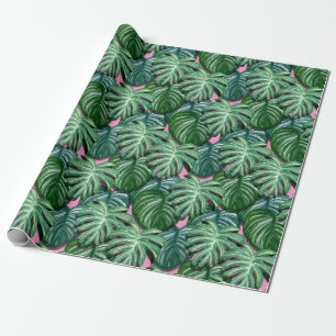 Papel De Presente Folhas Tropicais Verde e Rosa
