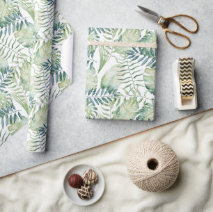 Papel De Presente Folhas Tropicais Verdes Brancas