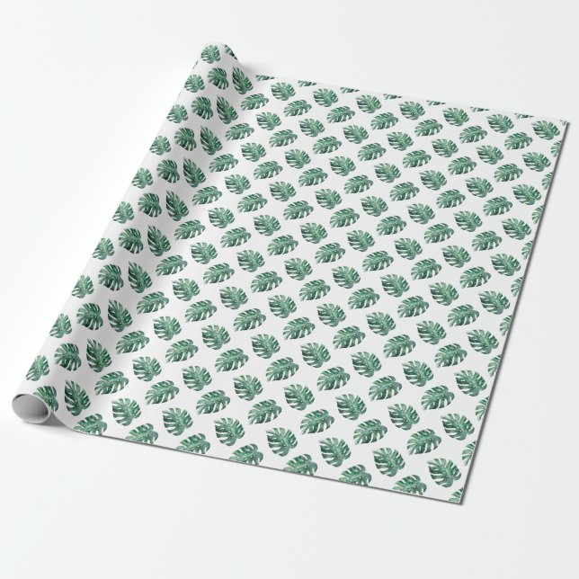 Papel De Presente Folhas tropicais verdes, padrão de aquarela (Desenrolado)