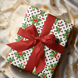 Papel De Presente Folhas verdes de azevinho e bagas vermelhas da tem