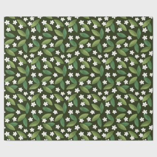 Papel De Presente Folhas Verdes e Flores Brancas em Fundo Verde