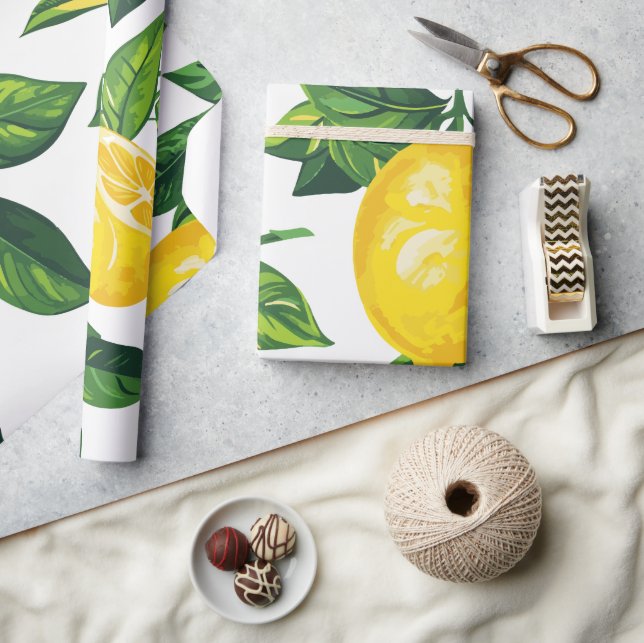 Papel De Presente Folhas Verdes e Limão Mediterrâneo Fresco  (Artesanato)