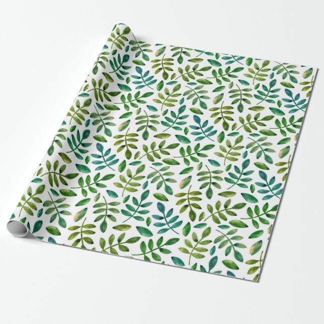 Papel De Presente Folhas verdes. Floral de aquarela. Botânica de Ver (Desenrolado)