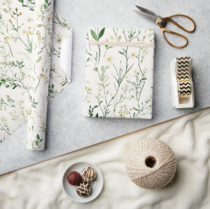 Papel De Presente Folhas Verdes Flores Brancas Aniversário