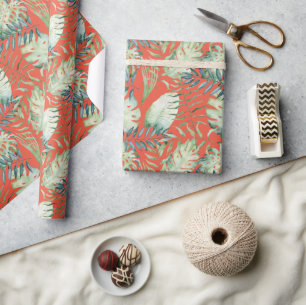 Papel De Presente Folhas Verdes Tropicais Laranja 