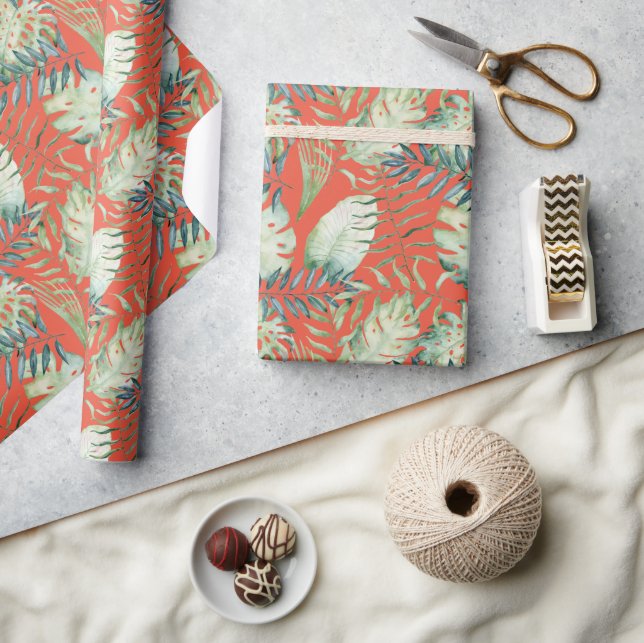 Papel De Presente Folhas Verdes Tropicais Laranja (Artesanato)