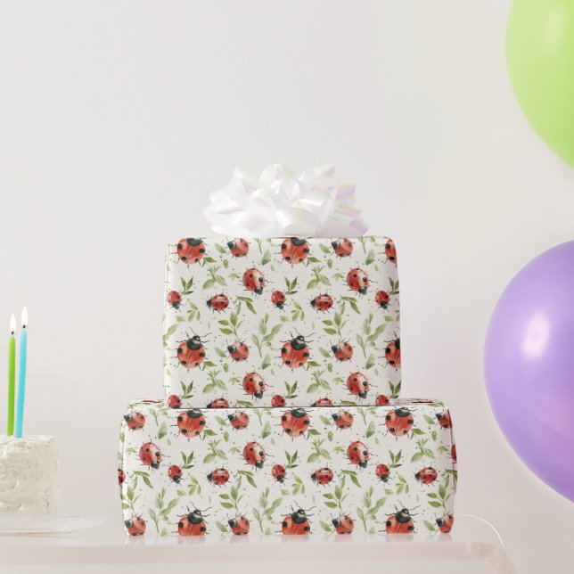 Papel De Presente Folhas Verdes Vermelhas Joaninhas Aniversário (Presentes para festas)
