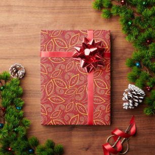 Papel De Presente Folhas Vermelhas Modernas e Douradas Ilustradas
