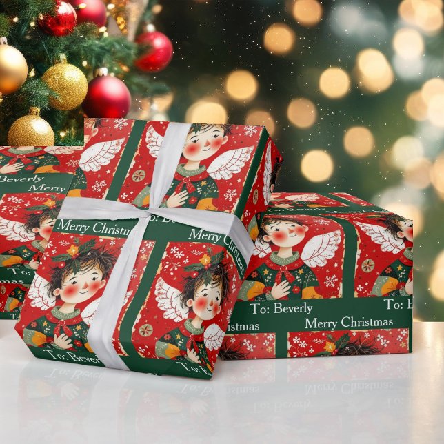 Papel De Presente Folk-art Angel Add Recipients Name Christmas Roll  (Criador carregado)