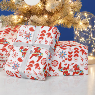 Papel De Presente Folk Art Dala Corse Vermelho Sueco Padrão Floral