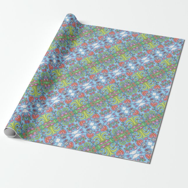 Papel De Presente Folk Bird and Hearts Garden WRAPPING PAPER Persona (Desenrolado)