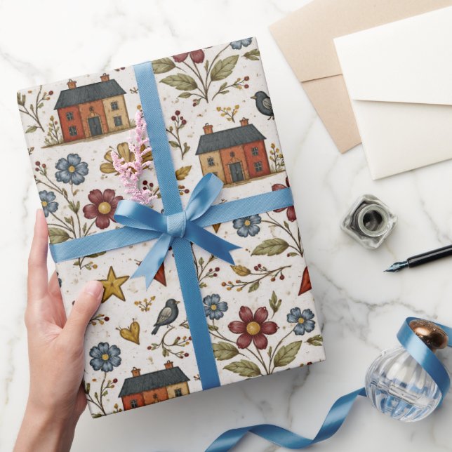 Papel De Presente Folk Cottage Hearts Garden Pattern (Presentear)