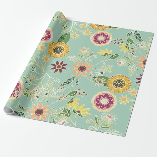 Papel De Presente Folk Folk Floral Original Design Ouro (Desenrolado)