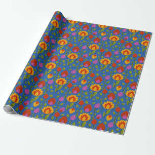 Papel De Presente Folkore Floral Moderno // Amarelo-Vermelho-Azul