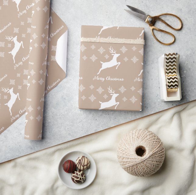Papel De Presente Forma de Veado Branco em Bege com Flocos de Neve e (Artesanato)