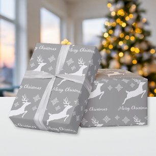 Papel De Presente Forma de Veado Branco em Cinza com Flocos de Neve 