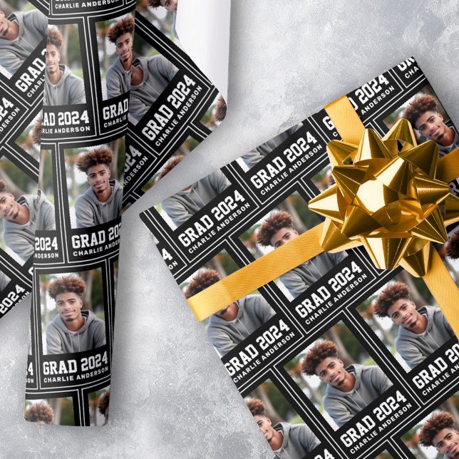 Papel De Presente Formando ano 2024 formando foto name black (Grad year 2024 graduate photo name black wrapping paper)