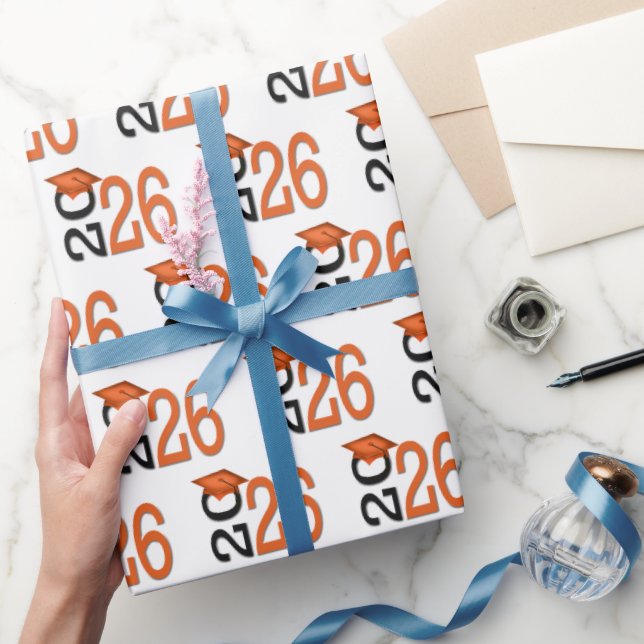 Papel De Presente Formatura 2026 Laranja e Preto (Presentear)