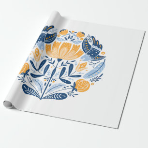 Papel De Presente Forno de arte popular com pássaros, rosas e flore