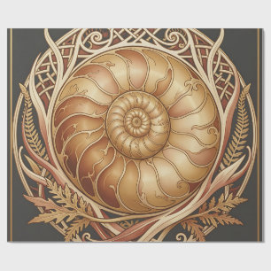 Papel De Presente Fóssil de Ammonite Dourado Moldura Celta Padrão Or
