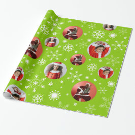 Papel De Presente Foto da família de Natal com padrão verde Snowflak