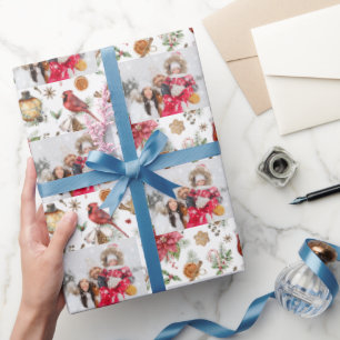 Papel De Presente Foto da família de Natal - padrão branco vermelho