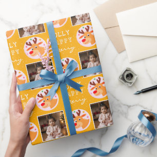 Papel De Presente Foto da Família de Rena Amarela Fofa no Natal 