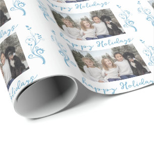 Papel De Presente Foto da Família Folhagem Azul Natal Férias Felizes