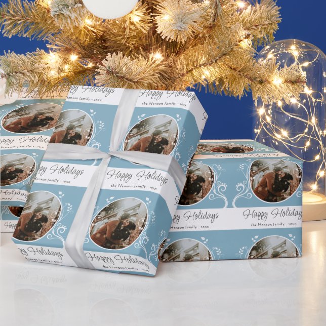 Papel De Presente Foto da família Foliage Azul Feliz Feriados (Feriados)