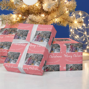 Papel De Presente Foto da Família Pink Merry Christmas Script 