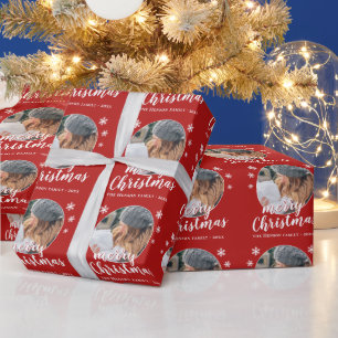 Papel De Presente Foto da Família Vermelha Floco de Neve Feliz Natal