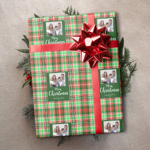 Papel De Presente Foto da Família Xadrez Vermelho Verde Feliz Natal
