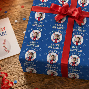 Papel De Presente Foto de Aniversário de Bola de Beisebol Personaliz