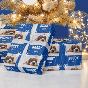 Papel De Presente Foto de Cachorro Flocos de Neve Azul Nome do Pet N