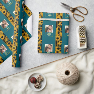 Papel De Presente Foto de casamento moderna em azul teal e dourado c
