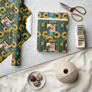 Papel De Presente Foto de casamento moderna em azul teal e dourado c