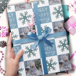 Papel De Presente Foto de Família Fofa com Floco de Neve Azul no Nat