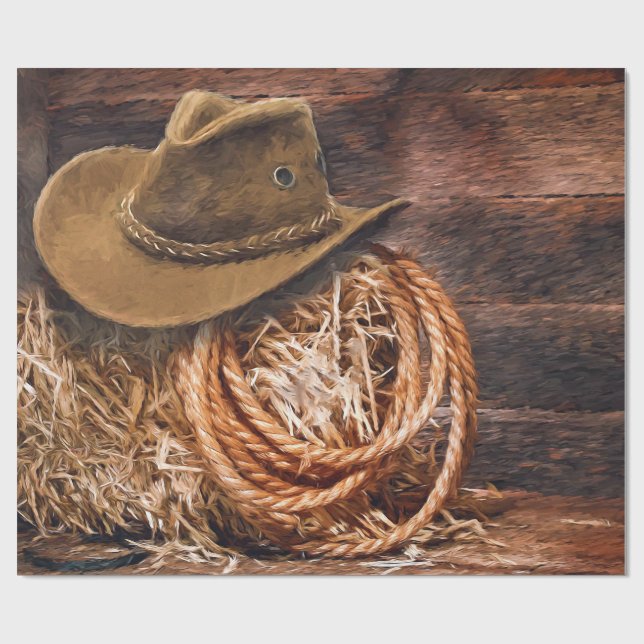 Papel De Presente Foto de Hat Rope Hay do Rustic Cowboy (Aberto)