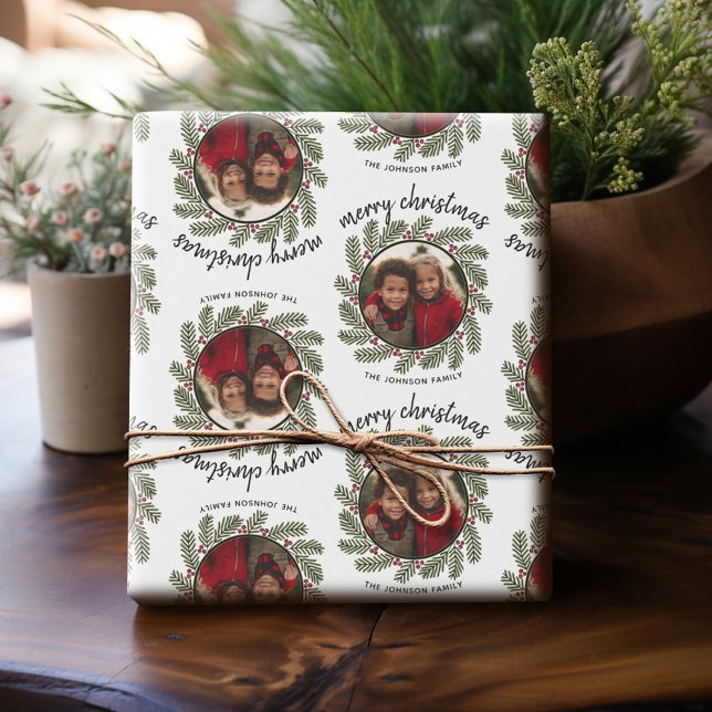 Papel De Presente Foto de Natal - Caligrafia - Ramificações Whimsica (Personalized Photo Wrapping Paper)