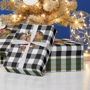 Papel De Presente Foto de Natal da Xadrez de Buffalo Preto e Branco