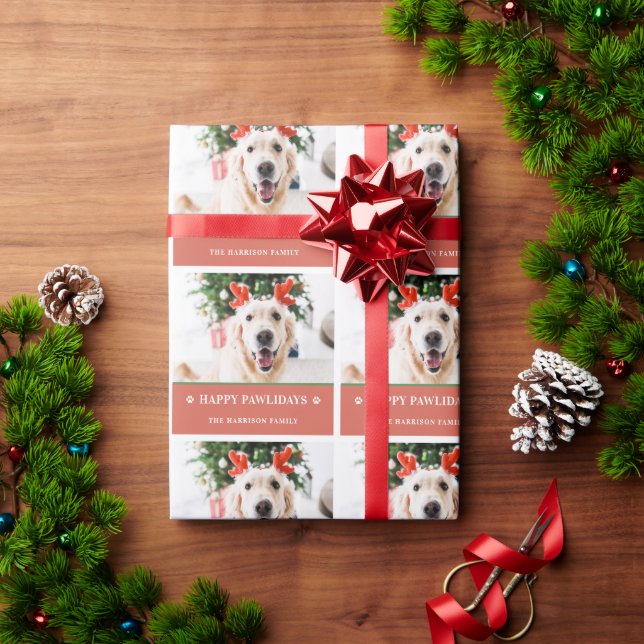 Papel De Presente Foto de Natal de Cachorro Feliz Pawlidays (Presente de Natal)