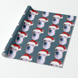 Papel De Presente Foto de Natal de Cachorro Personalizado Azul Dusty
