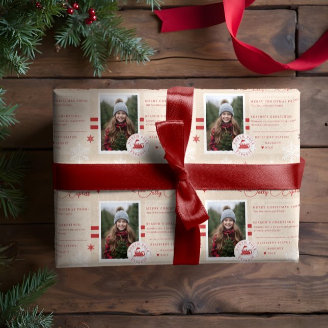 Papel De Presente Foto de Natal do Bilhete de Comboio Expresso do Po (North Pole Express Train Ticket Christmas Photo Wrapping Paper)
