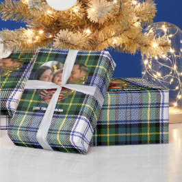 Papel De Presente Foto de Natal do Tartan Azul Clássico e Verde