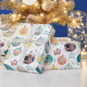 Papel De Presente Foto de Natal na Praia com Padrão Tropical