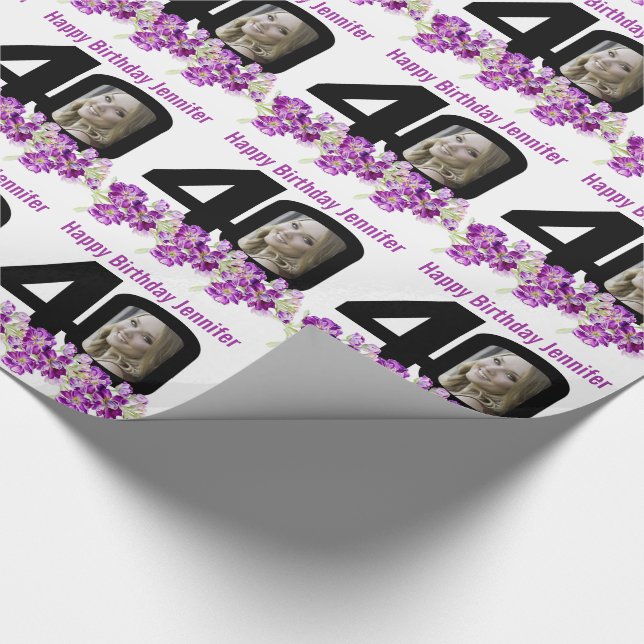 Papel De Presente Foto do 40º aniversário com flores mono e roxas (Ponta)