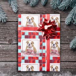 Papel De Presente Foto do Bulldog com Xadrez Vermelho Feliz Natal