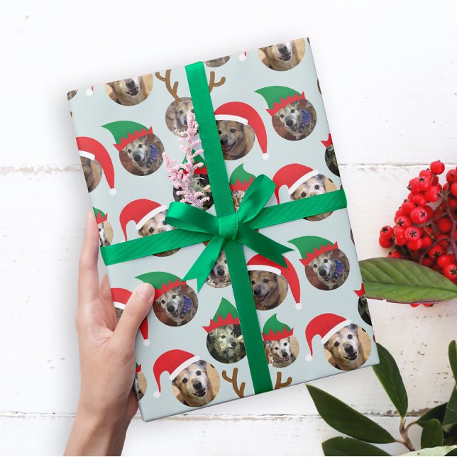 Papel De Presente Foto do Cachorro de Natal, Fachado (Christmas gift wrap featuring six windows for your photos to make your pets wear Santa and elf hats)